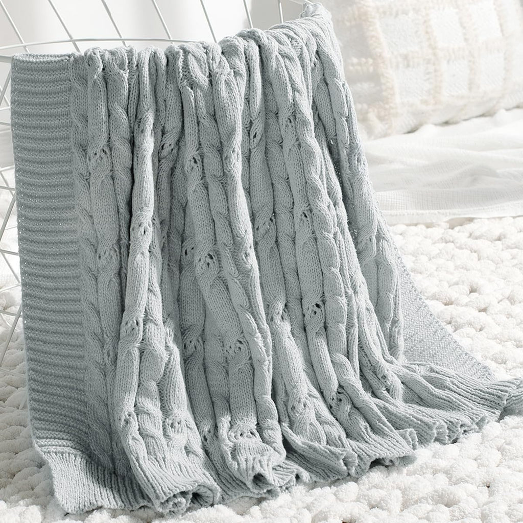 Cable Knit Throw Blanket Soft Textured Lightweight Farmhouse Decorative Throws Summer Knitted Woven Chenille