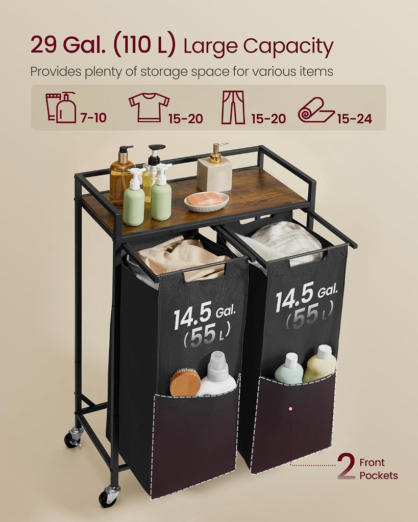 Laundry Sorter, 29 Gal. (110 L) Laundry Hamper Basket with 2 Compartments, Rolling Cart with Wheels, Shelf, Removable