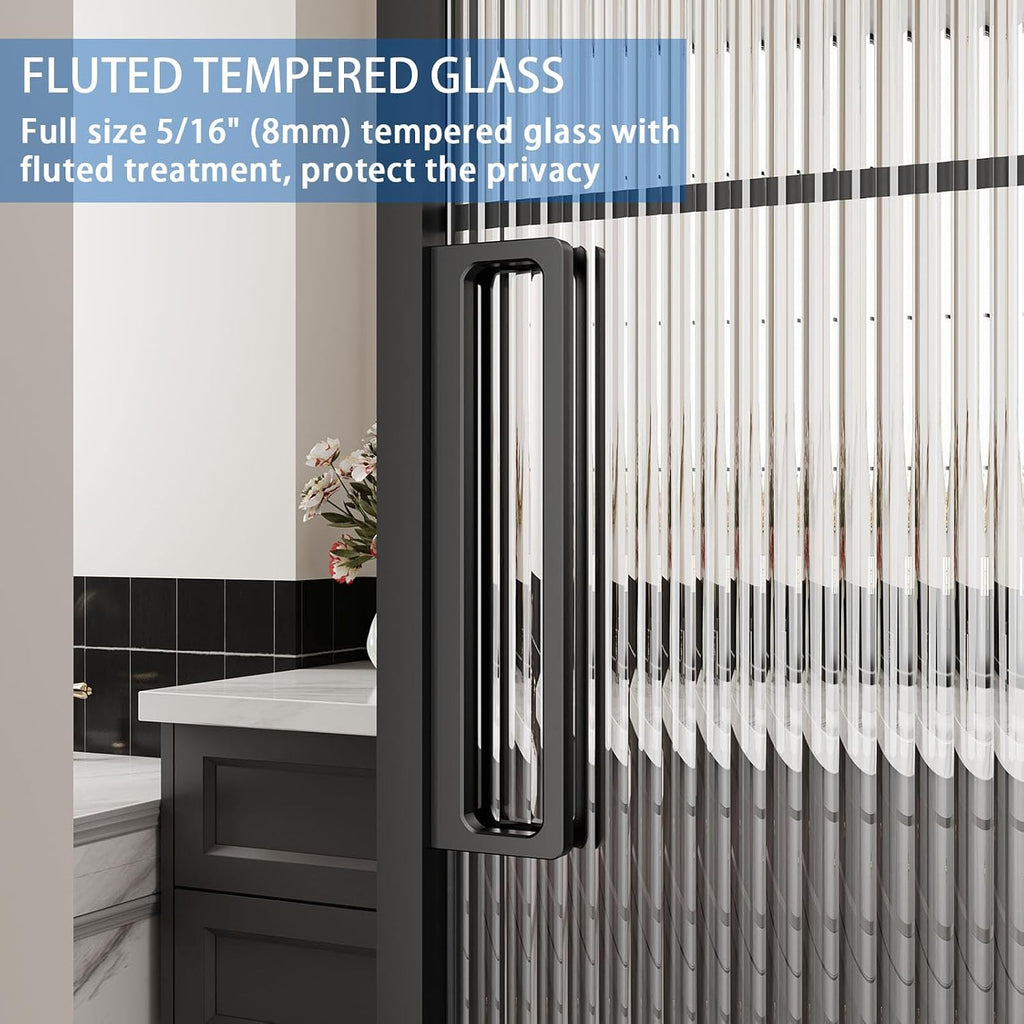 40" x 87" Fluted Glass Barn Door, Concealed Sliding Barn Door with Soft Close, Waterproof Modern Sliding Door for Bathroom/Kitchen Privacy, 5/16"(8mm) Tempered Glass, Fits 28"-36"W x 72"-85"H, Black