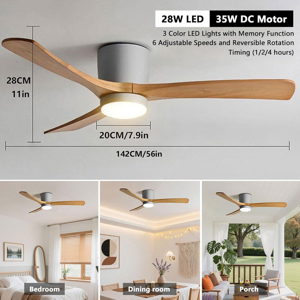 56in Quiet Ceiling Fans with Lights Modern Remote Ceiling Fan Light 6 Gear Wind Speed Ceiling Fans Grey 28W LED