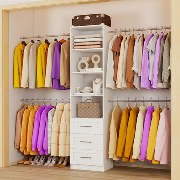 Closet Organizer System with Drawers, Wall Mounted 5FT-9FT White | 3 Wooden Storage Drawers, 4 Expandable Hanging