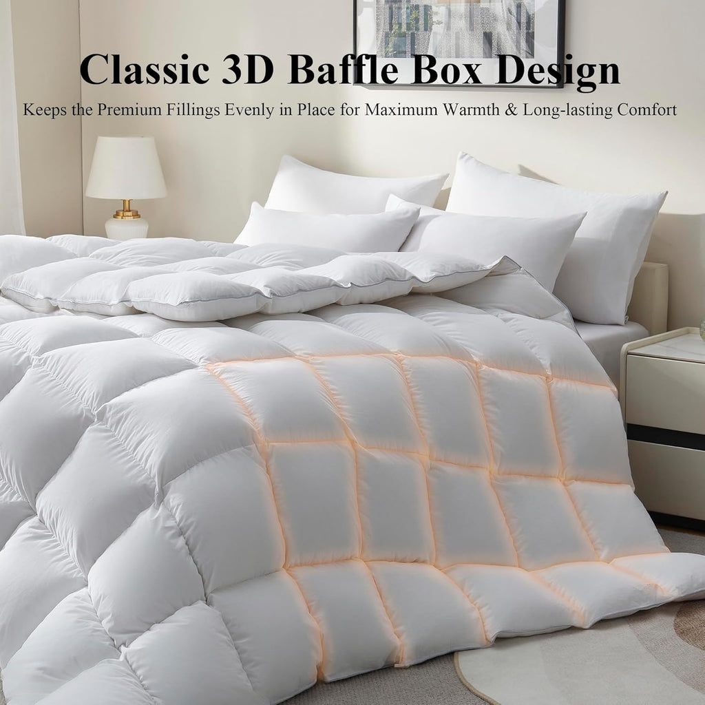 Goose Feather Down Fiber Comforter Queen - All Season White Fluffy Duvet Insert