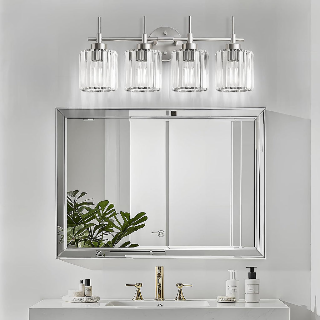 Crystal Bathroom Vanity Lights, 4 Light Bath Mirror Light Brushed Nickel Round Crystal Wall Mount Light Fixture Over
