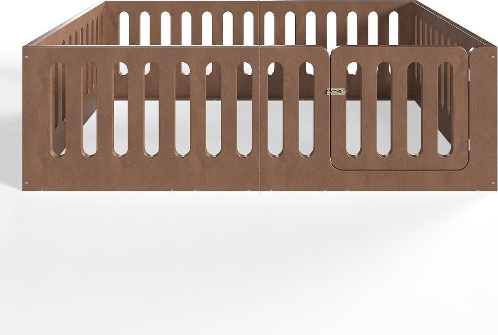 Queen Floor Bed with Door for Kids, Queen Size Floor Bed with High Fence, Wooden Montessori Beds for Kids, Deep