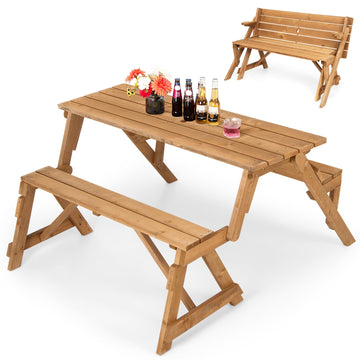 Picnic Table, 2 in 1 Convertible Picnic Bench Table Set, Transforming Interchangeable Wooden Picnic Table with
