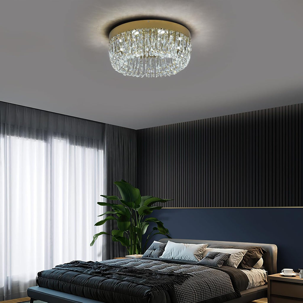 Luxury Gold Crystal Chandelier Flush Mount Ceiling Light, 19.7" Modern LED Lighting Fixture for Bedroom Kitchen
