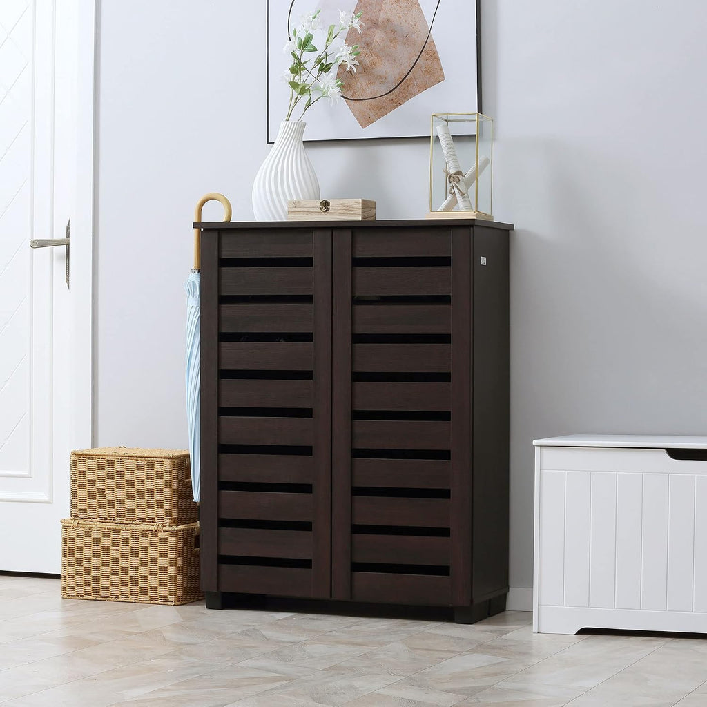 Slim Shoe Cabinet 2 Slatted Doors, 5-Tier Shelving Cupboard for 15 Pairs of Shoes, Narrow Entryway Storage Unit, Dark