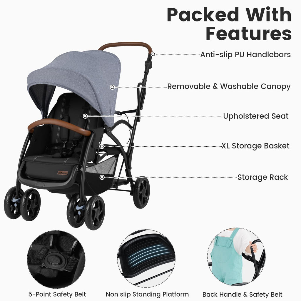 Sit and Stand Double Stroller, Foldable Tandem with Standing Platform Reclining Backrest, Adjustable Handlebar and