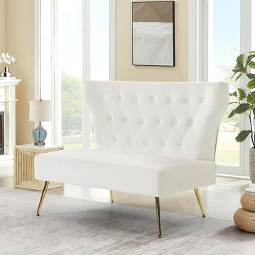 40 Inch White Velvet Loveseat, Armless Button-Tufted Couch with Gold Legs - Compact Modern Sofa