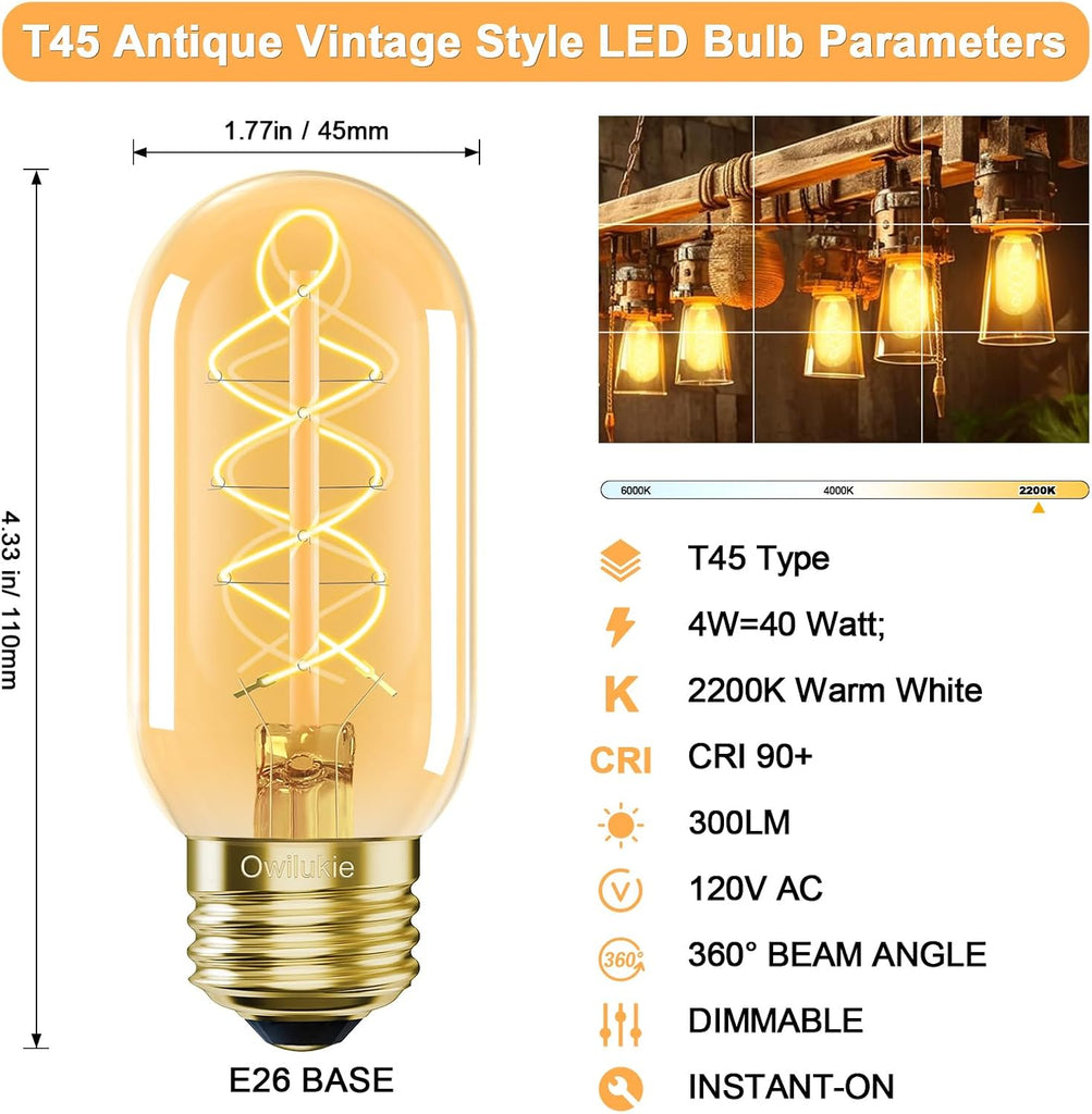 E26 LED Bulb 4W Equivalent 40 watt,Vintage Edison Bulbs,Warm White 2200K Amber E26 Edison Bulb dimmable,Tubular T14