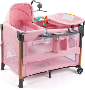 7 in 1 Bedside Bassinet with Changing Table, Baby Girl Bassinet, Pink Bedside Sleeper with Mattress, Sheet, Canopy