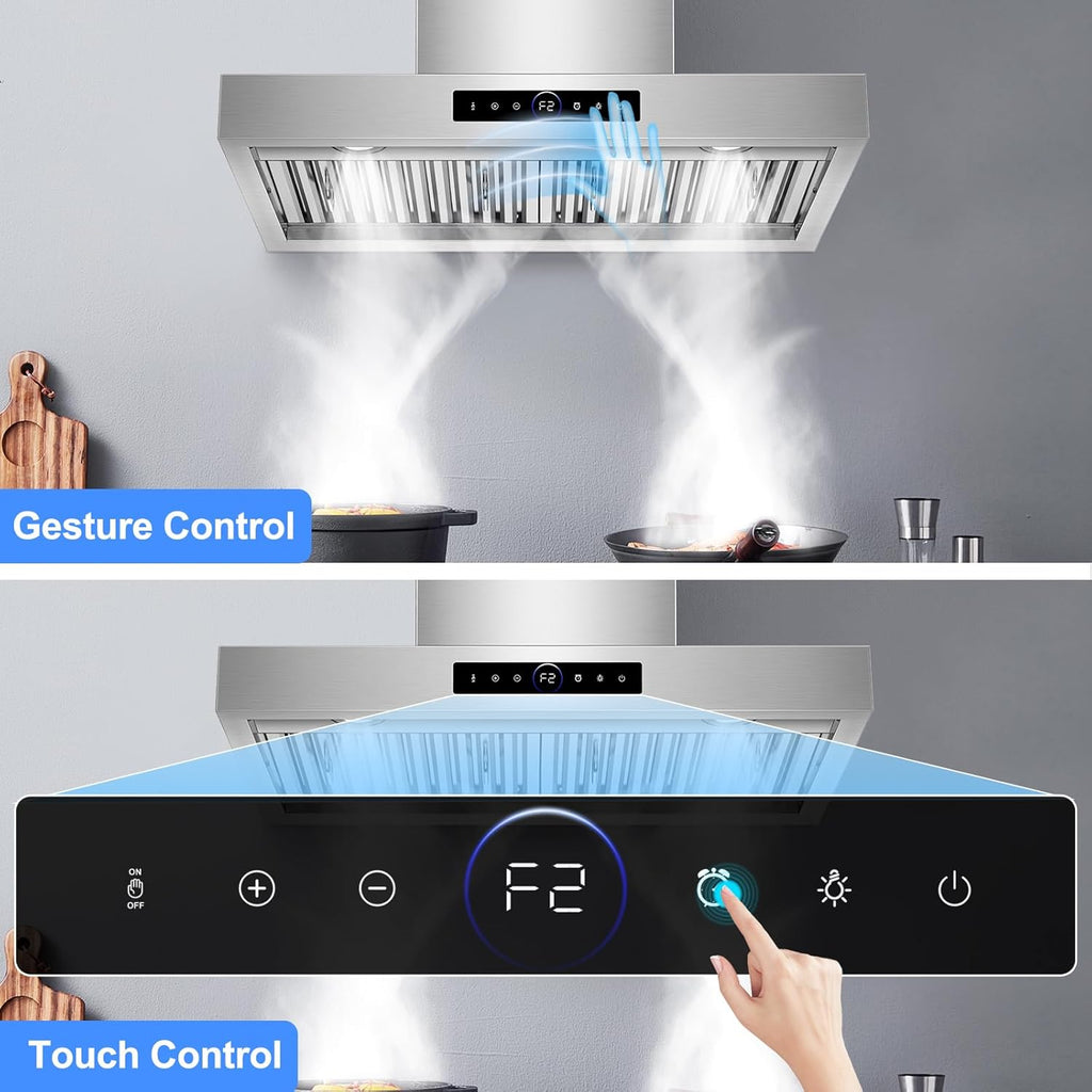 36 Inch Stainless Steel Wall Mount Range Hood 700 CFM 3 Speed Touch Control, LED Lights Convertible Ducted/Ductless