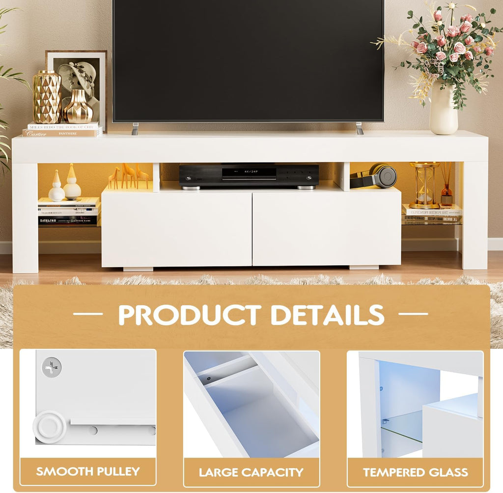 TV Stand with LED Lights, Modern Entertainment Center Media and Open Shelf Console Table Storage Desk with 1 Drawer