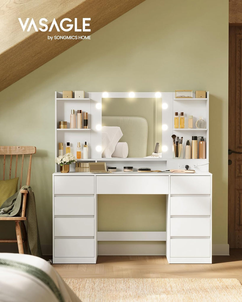 Collection - Vanity Desk with Mirror and 9 LED Bulbs, Modern Vanity Makeup Table with Power Outlets, Dressing Table