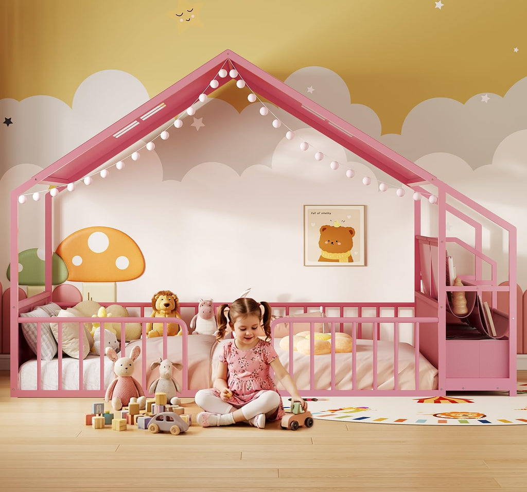 Montessori Twin Floor Bed, Safety Guardrail, Reading Nook, House Shape,Pink | Sling Bookshelves, Storage Drawers