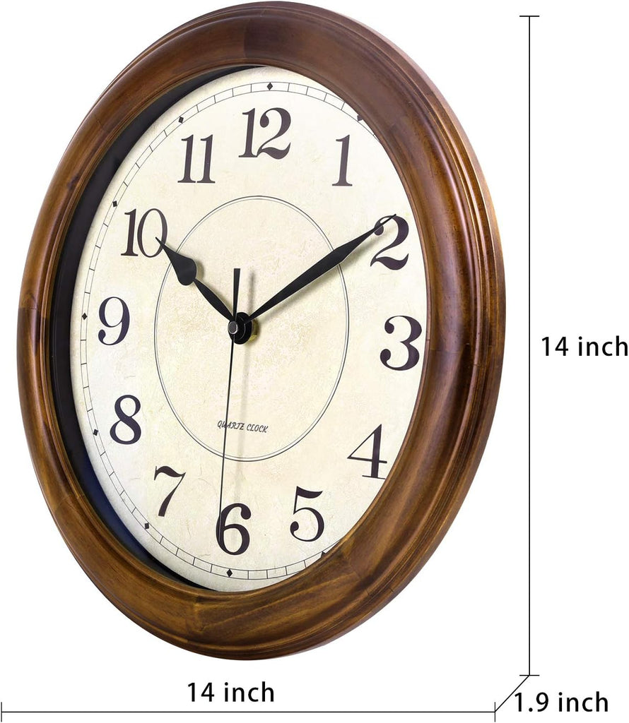 Wall Clock Wood 14 Inch Silent Wall Clocks Large Decorative Battery Operated Non Ticking Analog Retro Clock