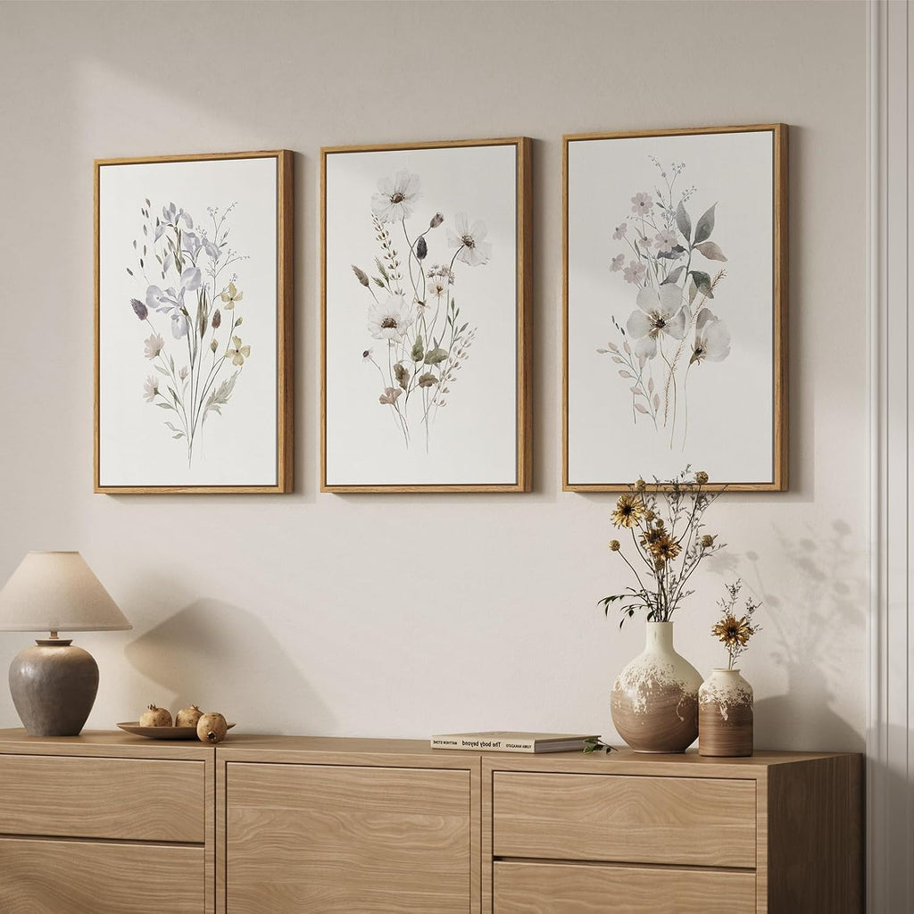 Framed Neutral Floral Botanical Wall Art Set of 3, Modern Farmhouse Flower Canvas Prints Paintings, Rustic Minimalist