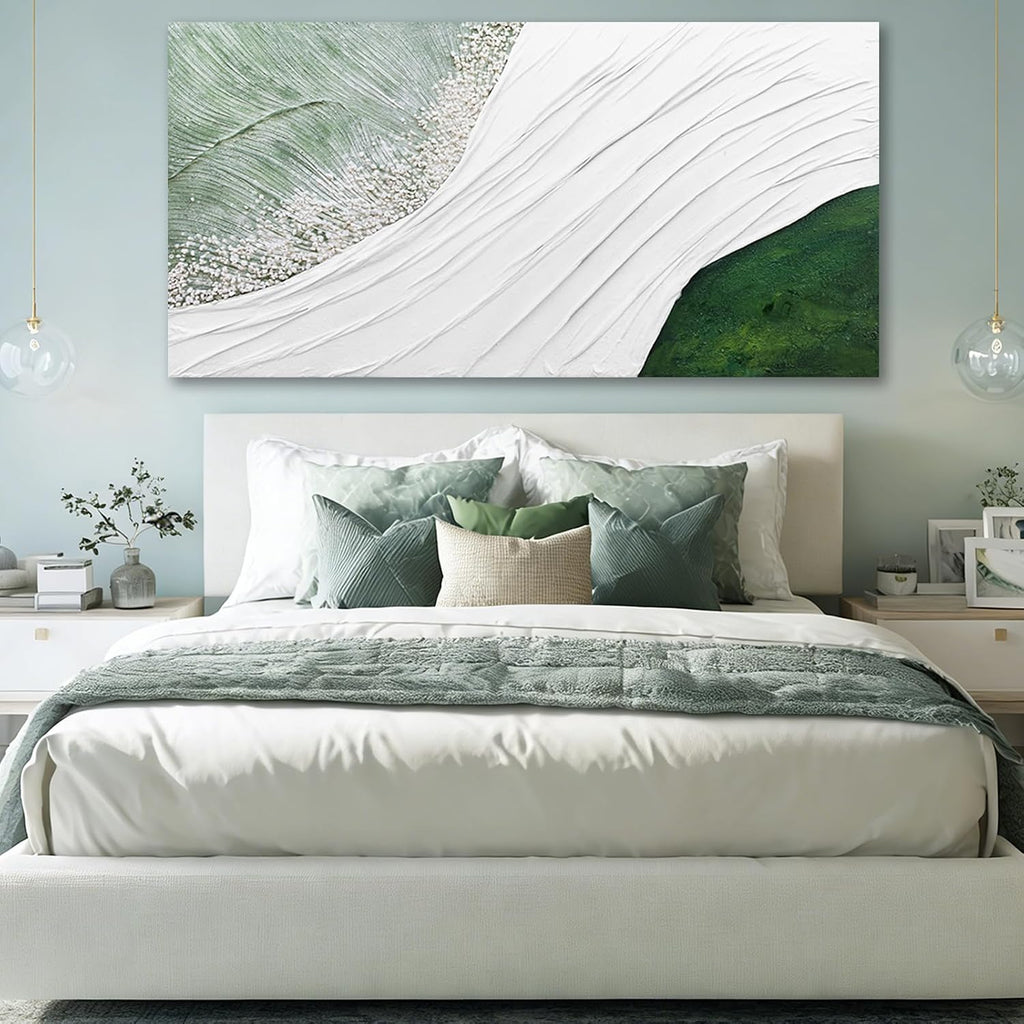 Contemporary Abstract Nature-Inspired Canvas Wall Art with White Flowing Lines and Green Accents, Minimalist Textured
