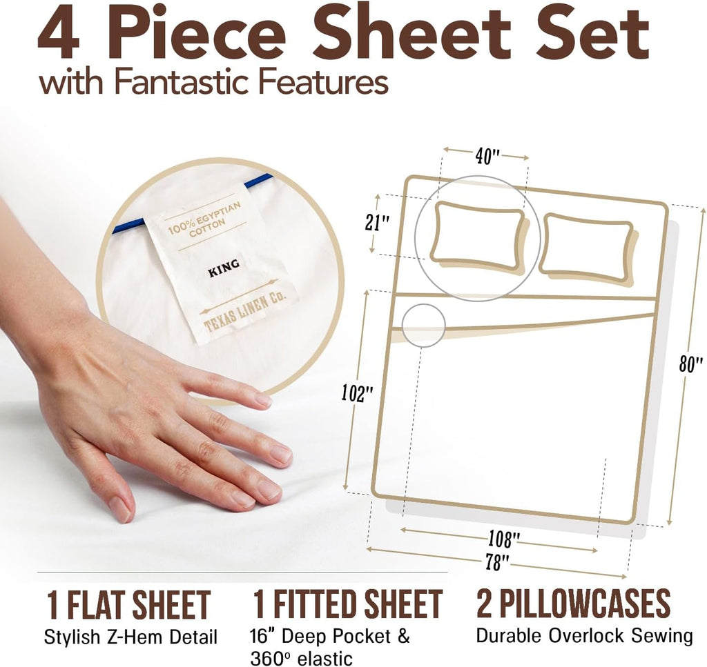Egyptian Cotton Sheets Set - Everyday Bedding Sheet Set (4 PC, Light Blue), Soft & Durable, Cooling, 16"