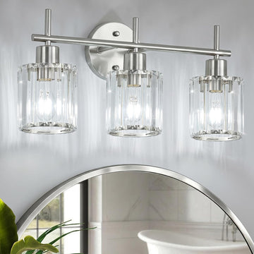 Brushed Nickel 3-Light Crystal Bathroom Vanity Light Fixtures, Round | Vanity Lights , Modern Bathroom Lighting