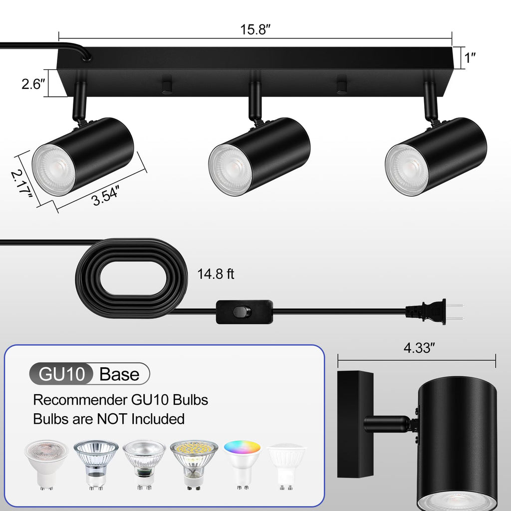 LED Track Lighting Ceiling Fixtures, Black 3-Light Plug in Track Lights, 3 Way Ceiling Spotlight, 15 FT