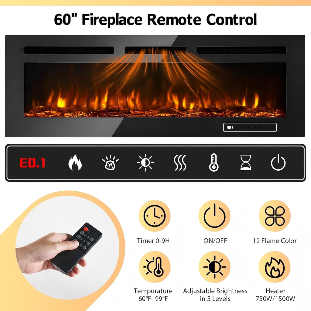 90" Fireplace TV Stand, Modern Entertainment Center with 60 Inch Electric Fireplace, Adjustable Shelf & Glass Door