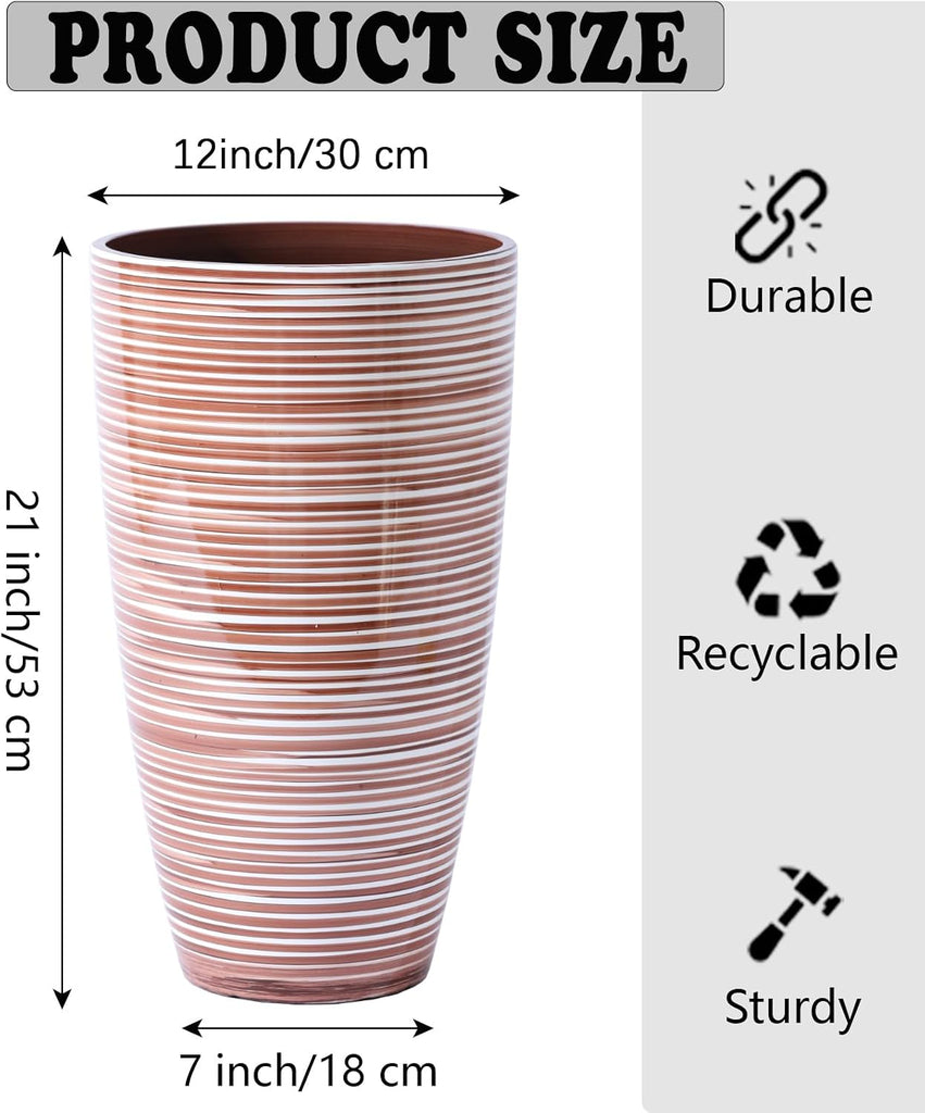 Tall Planters for Outdoor Plants 2Pack, 21-Inch Large Striped Planter with Removable Insert Shelf,Ribbed Coffee&Milk