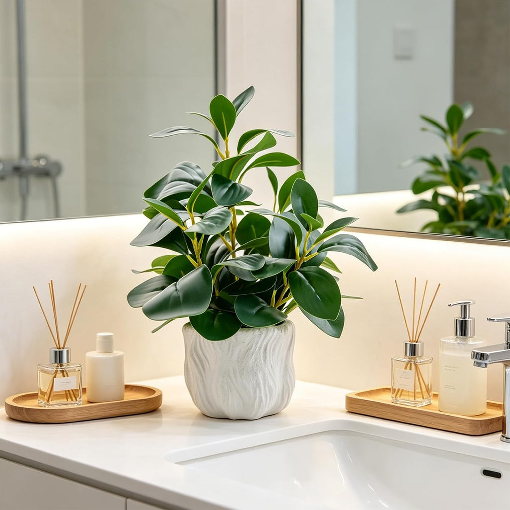14" Artificial Potted Plant with Thick Leaves in White Textured Pot | Realistic Thick Leaves , Compact Desk & Shelf