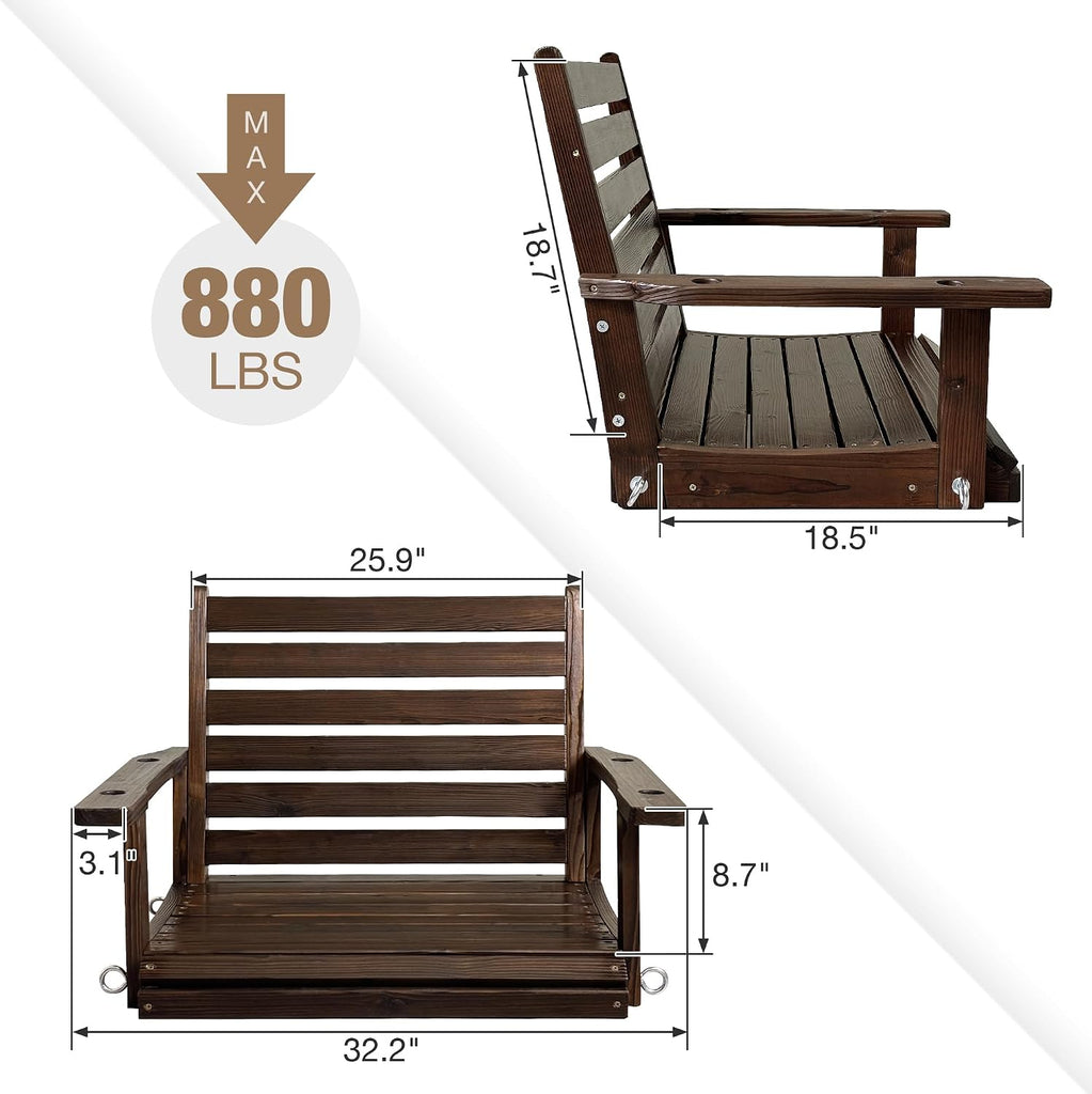 Wooden Porch Swing, Ergonomic Seat, Bench Swing with Hanging Chains and 7mm Springs, Heavy Duty 880 LBS, for Outdoor
