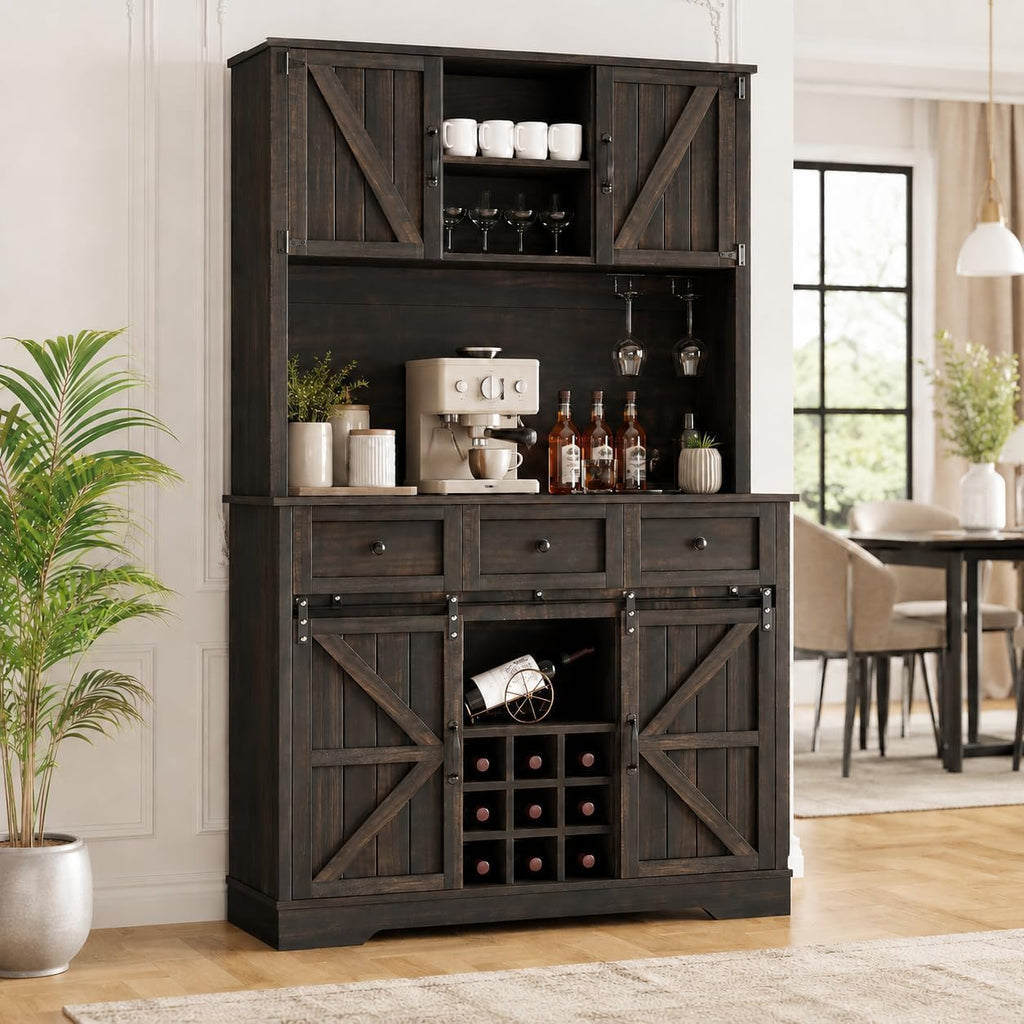72 Inch Tall Farmhouse Coffee Bar Cabinet with Storage, Rustic Oak