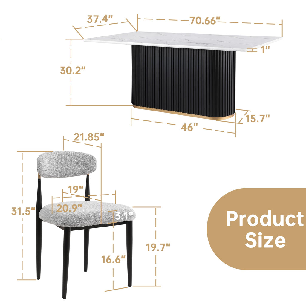 Marble Dining Table Set for 6, 70" Kitchen Table with White Rectangle Top and Black Fluted Base, 6 Modern Upholstered
