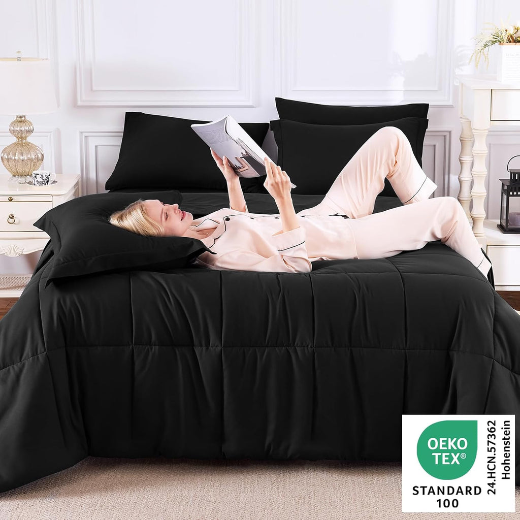 Full Comforter Sets, 7-Piece Bed in a Bag, Black