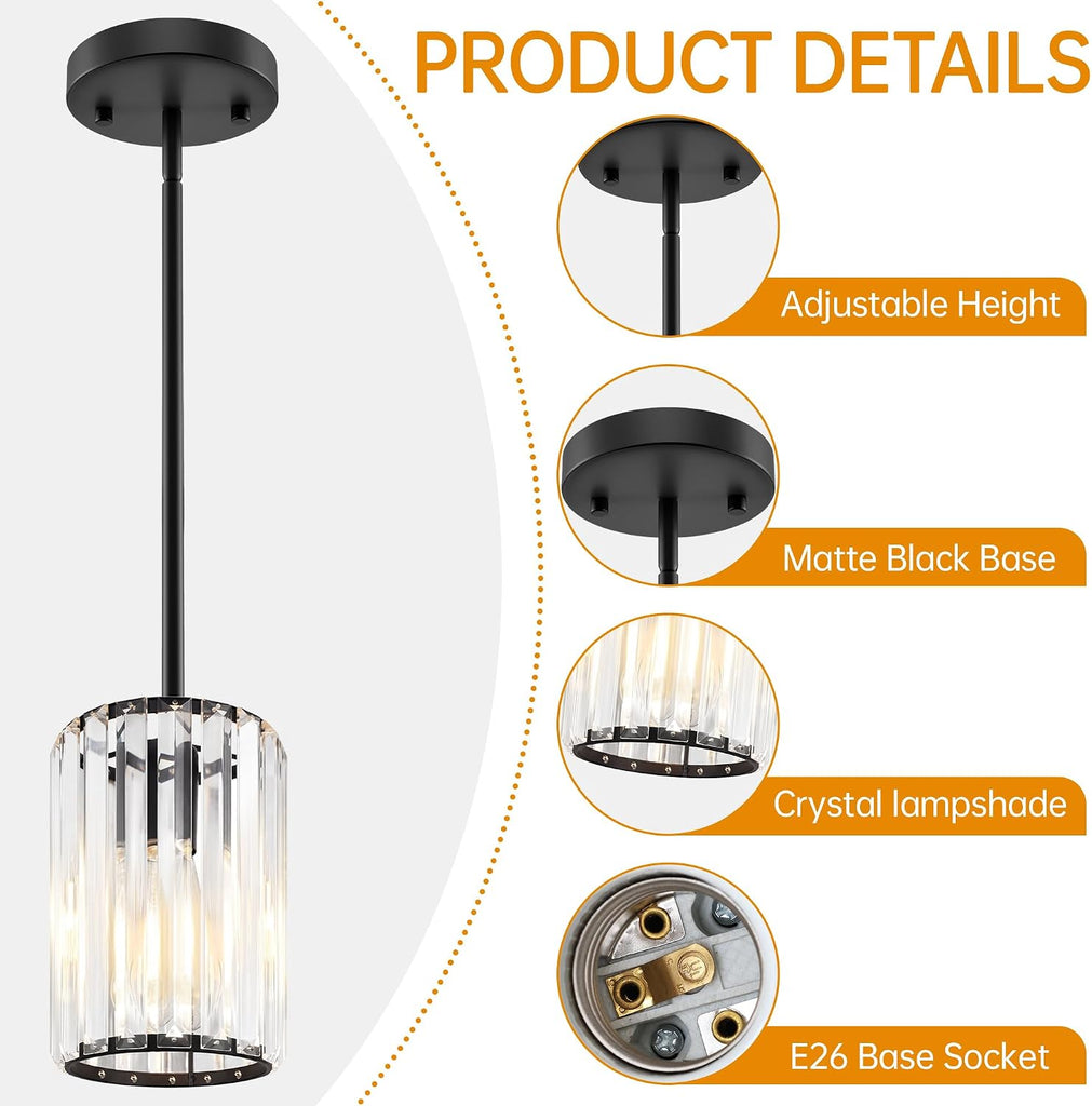 Black Pendant Light, Modern Crystal Pendant Lights Kitchen Island, Kitchen Island Lighting with Adjustable Height, UL