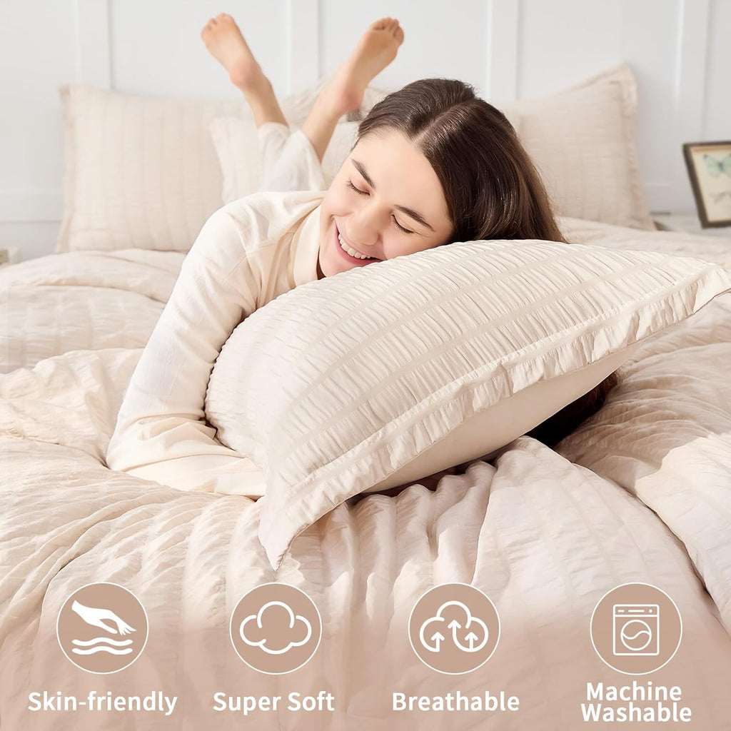 Beige Duvet Cover, Super Soft Seersucker Duvet Cover Set, 3-Piece Lightweight Duvet Cover with Zipper
