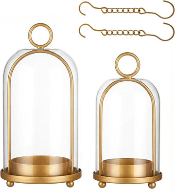 Set of 2 Candle Lantern, Candle Holders with Glass Dome 10" & 7.87" | Vintage Brass Design, Perfect for Pillar