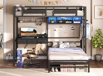 Twin Over Twin Bunk Bed with Desk with 3 Drawers & Storage Shelves, Twin Bunk Bed with Charging Station & LED Lights