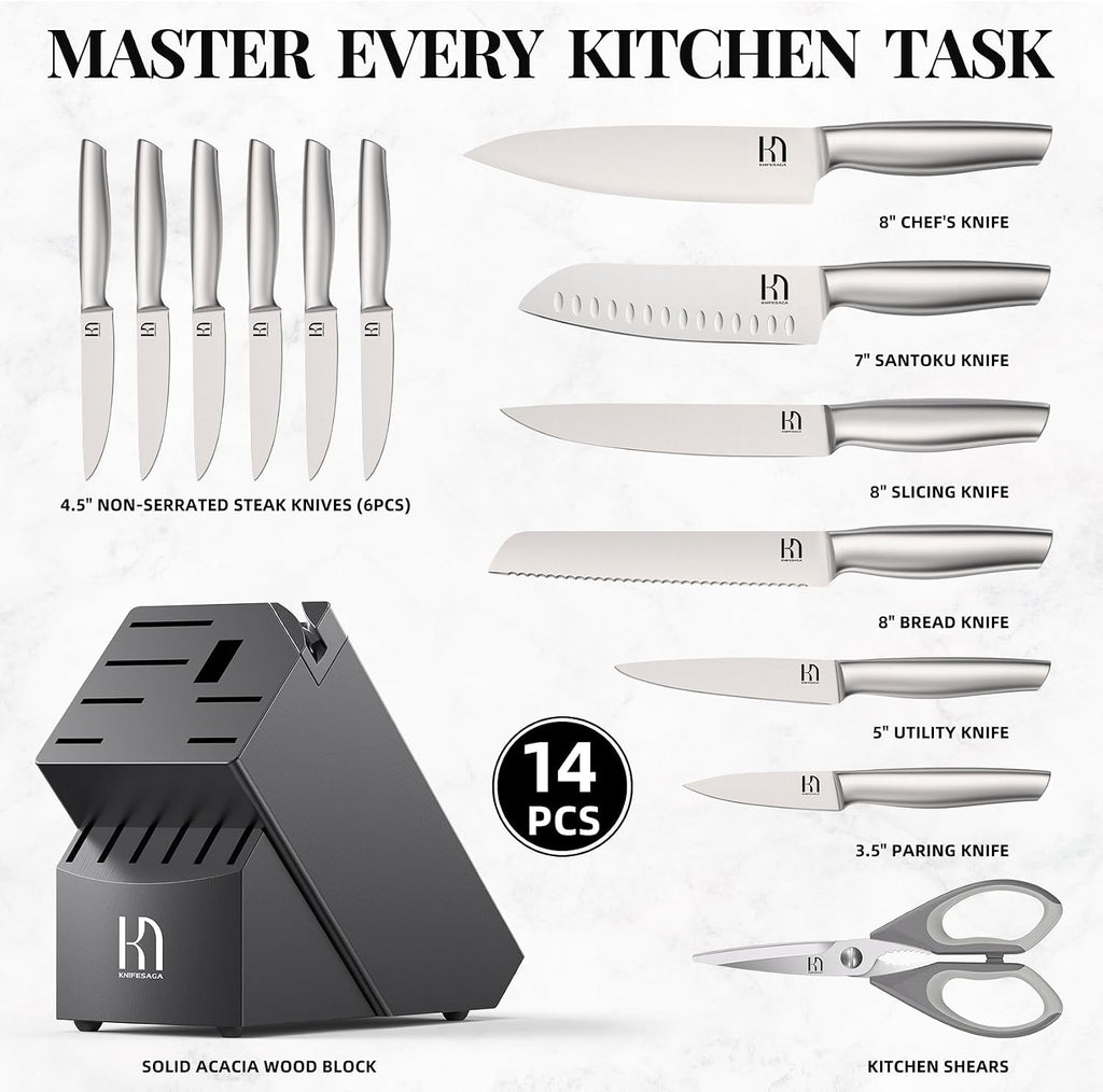 14 Pcs Knife Block Set, Premium, Razor Sharp, Japanese Steel | Innovative Steel, High Carbon Stainless, Enduring
