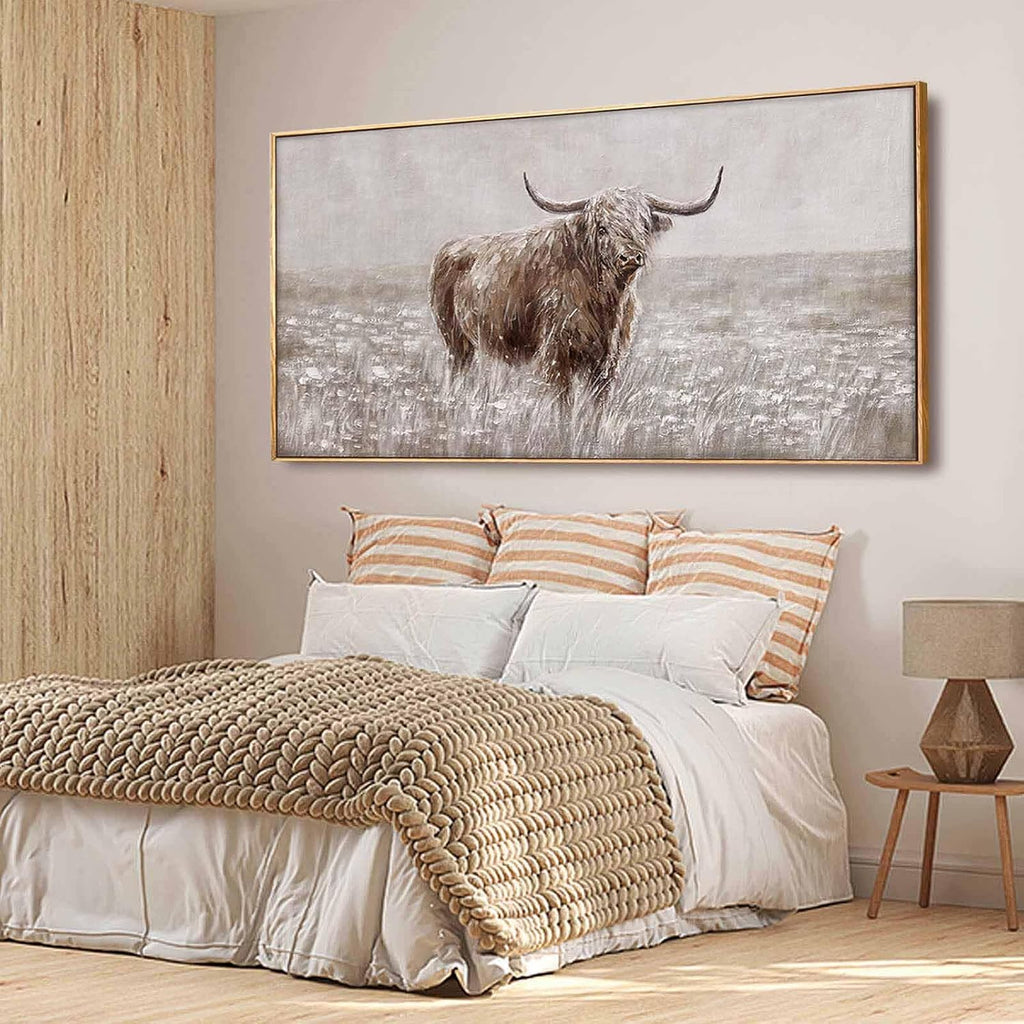 Farmhouse Highland Cow Wall Decor on Canvas with Framed Large Landscape Brown Artwork Living Room Office Decor