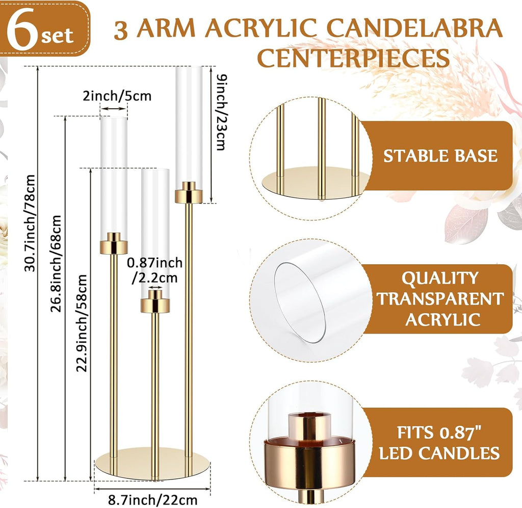 6 Set Wedding Gold Candelabra Centerpieces for Tables, 3 Arm Tall Acrylic Candle Holder Centerpiece with Clear Shades