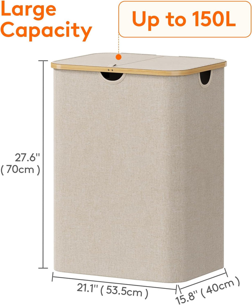 150L Laundry Basket with Lid, Clothes Hampers for Laundry with Bamboo Handles and 2 Removable Bag, Large Foldable