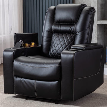 Electric Power Recliner Chair with USB Ports and Cup Holders, Breathable Leather Home Theater Seating with Hidden Arm