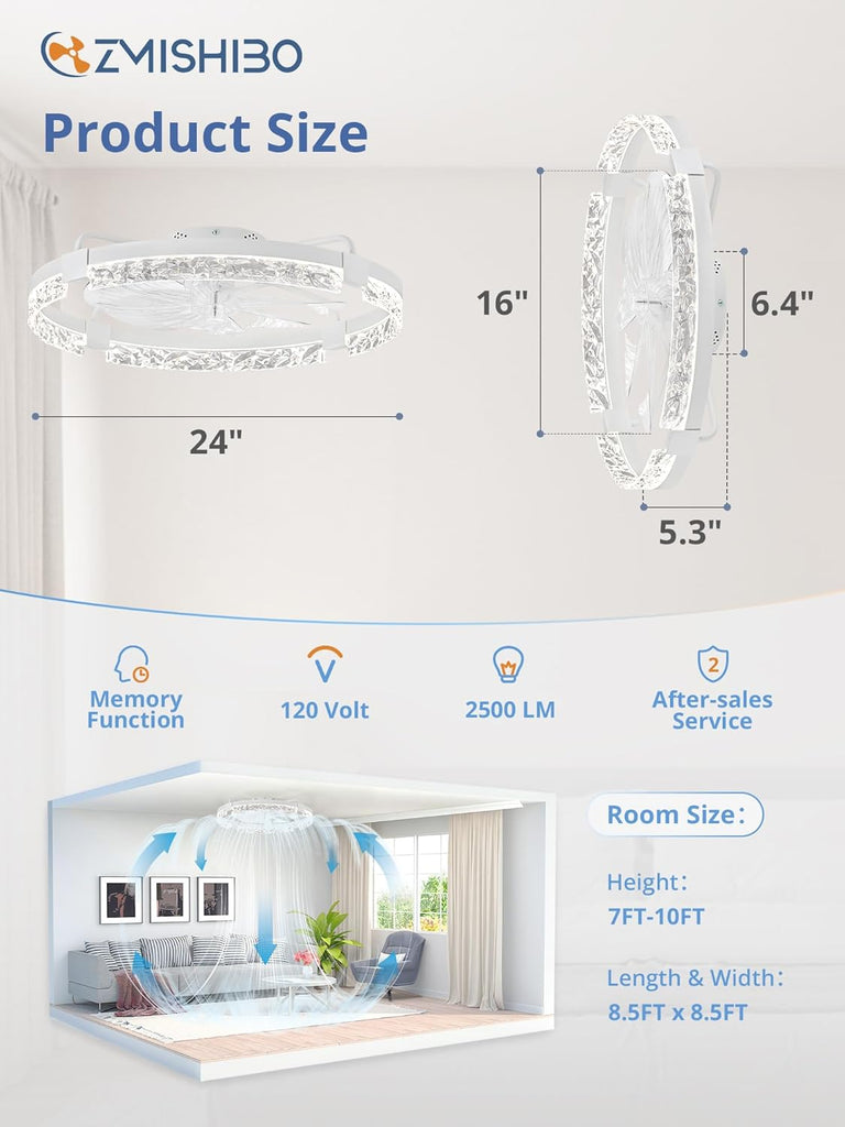 24 Inch Flush Mount Ceiling Fan with Light, Bladeless Low Profile Enclosed Fan Kids Room