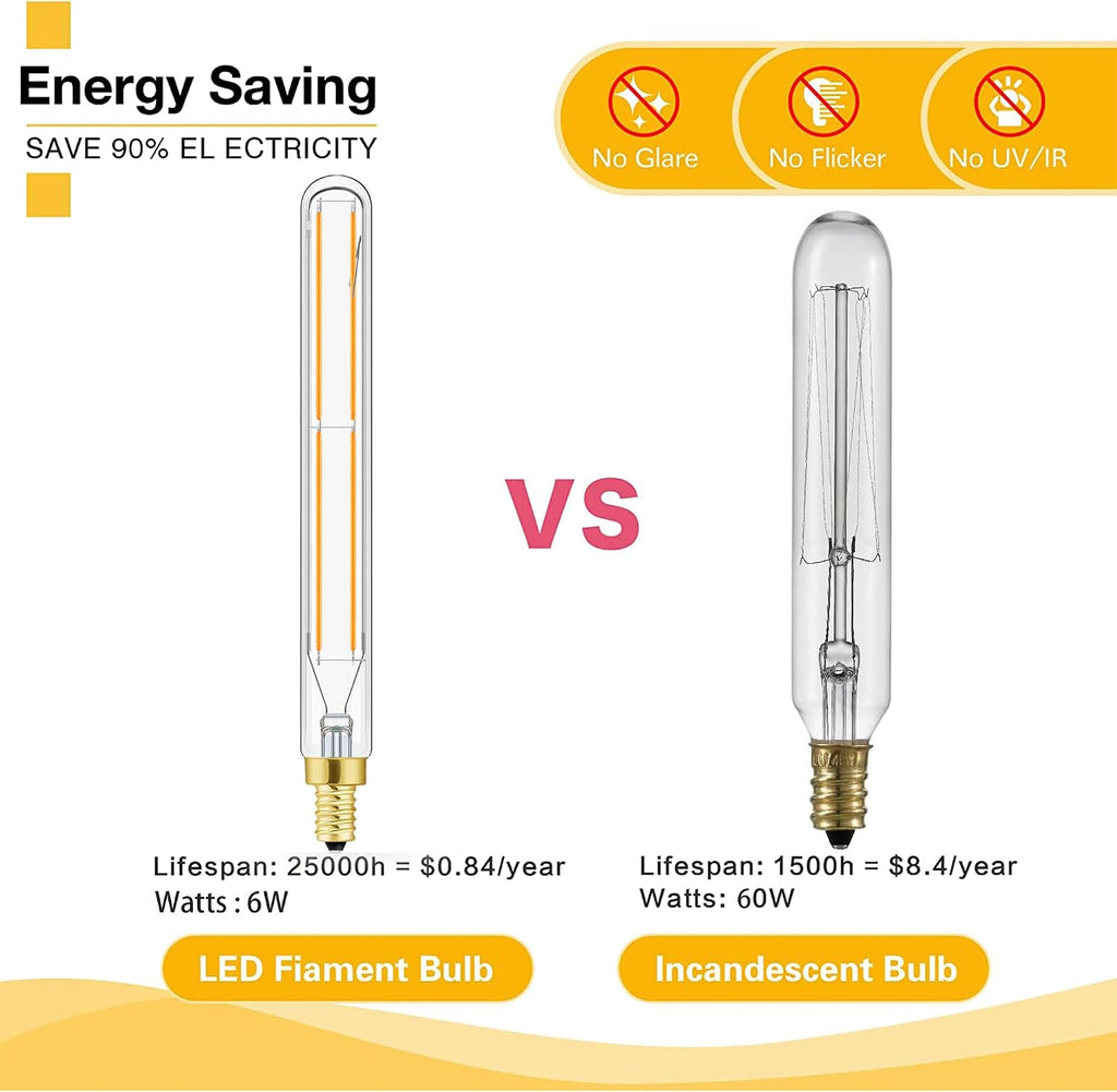 E12 LED Tube Bulbs,T6 Tubular Edison Style LED Filament Bulb, 6W Dimmable Antique LED Bulb,E12 Base,Clear Glass,Warm (Pack Of 6)