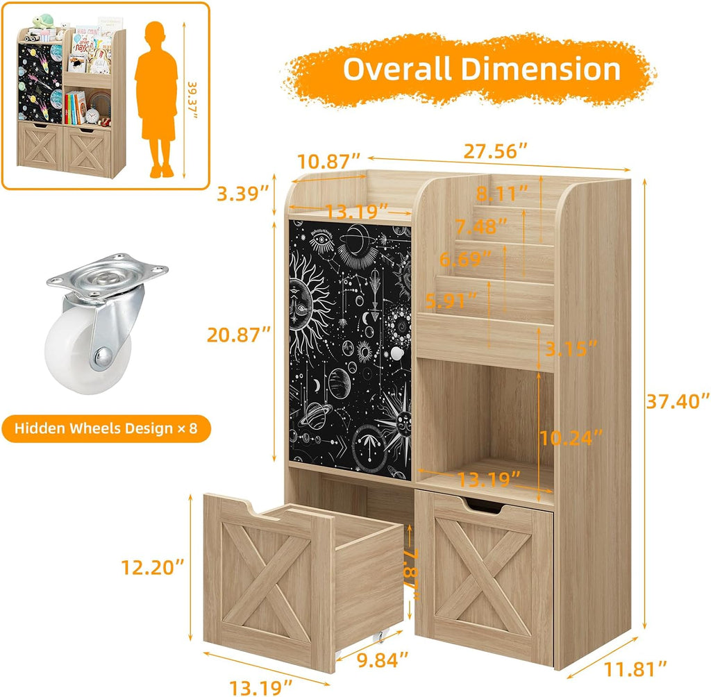 Kids Bookshelf with Reading Nook and Blackboard, 3-in-1 Toy Storage Organizer with 2 Movable Drawers, Wood Toy Chest