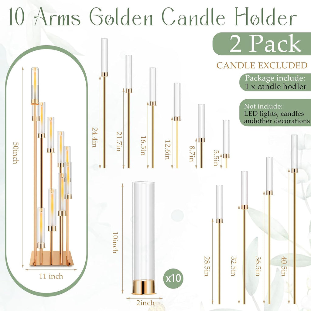 2 Pack 10 Arms Wedding Candelabras Centerpiece,50 Inches Tall Floor Standing Candle Holders with Clear Acrylic Shades