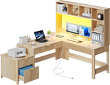 L Shaped Desk with Hutch and Drawers, 67" Computer Desk Gaming Desk with Power Outlets & LED Lights