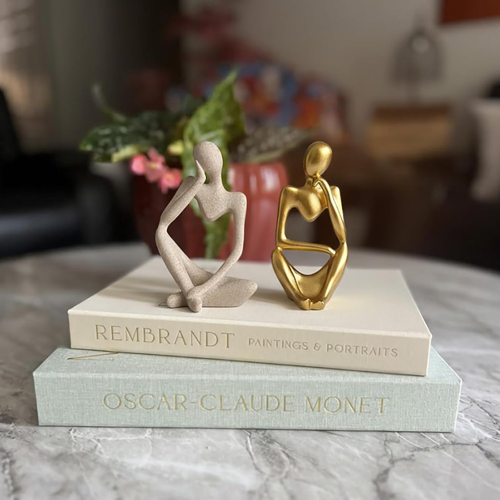 Decorative Books & Thinker Sculptures Set - Linen Boxes & Resin Figurines Enhance Your Coffee Table, Bookshelf or