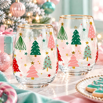 2Pcs Christmas Stemless Wine Glasses with Gold Rim 17oz Boho Christmas Tree Drinking Glasses Pink Green Tree Tumbler