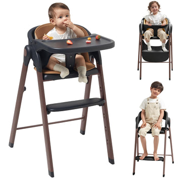 Foldable Baby High Chair for Family (Black& Wood-Printed Metal) | Portable High Chairs for Babies and Toddlers with