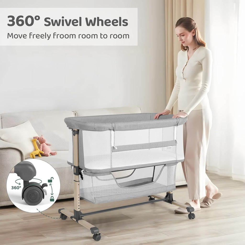 Bassinet Bedside Sleeper, Breathable and Adjustable, Light Grey | 0-5 Months Baby Infant, Co-Sleeping, 6 Heights